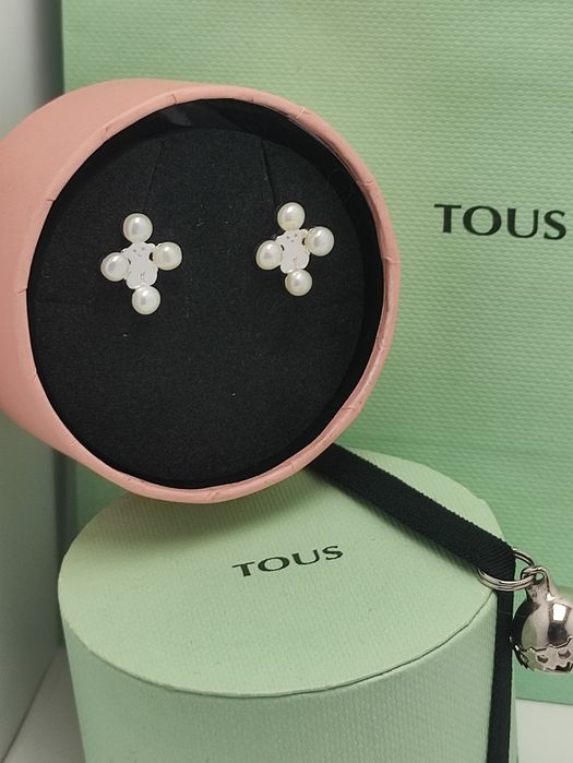 Kolczyki srebrne z misiem i perłą naturalną