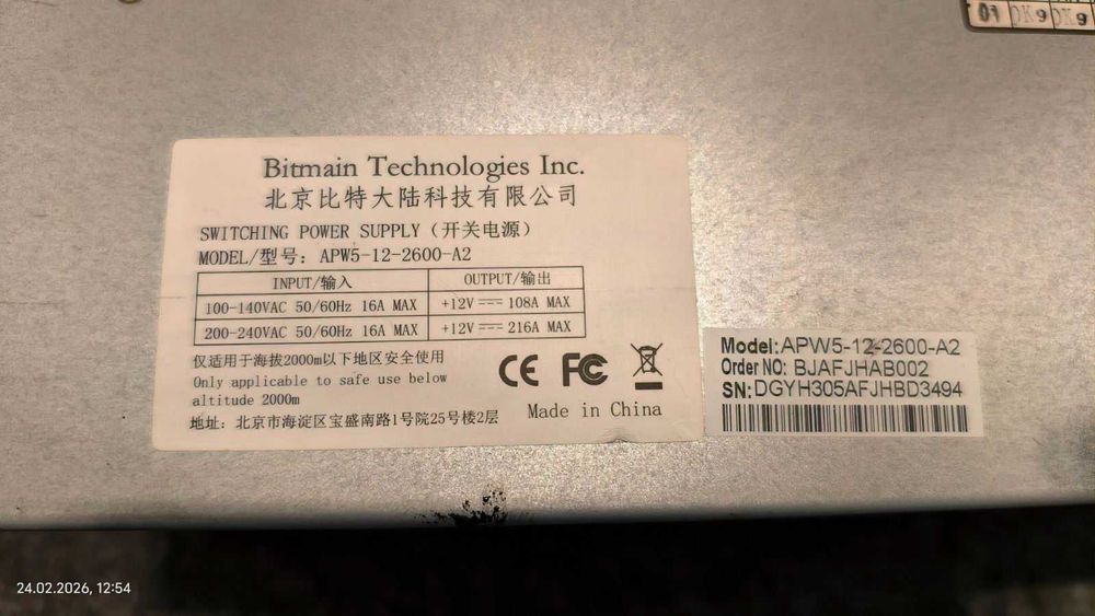 Zasilacz koparka ASIC Bitmain Antminer 2600W 12V