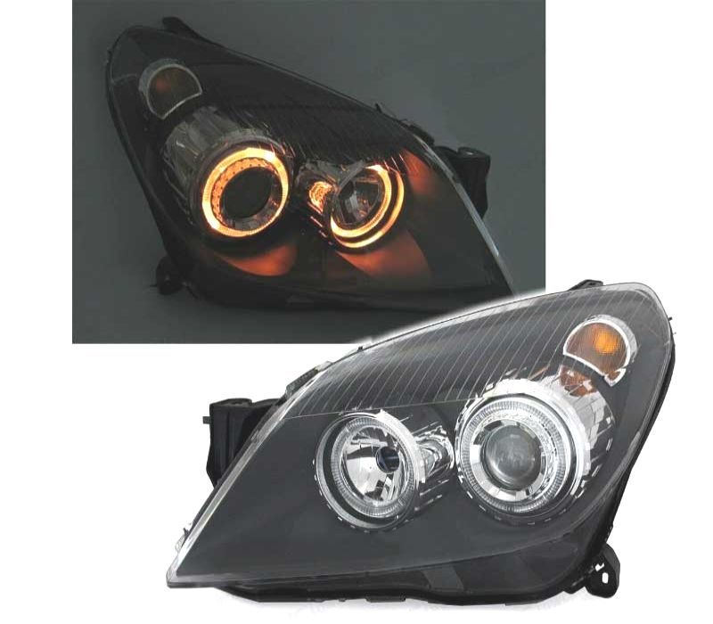 FARÓIS FRONTAIS ANGEL EYES OPEL ASTRA H FUNDO PRETO
