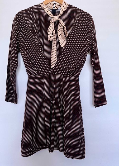 Reserved sukienka retro kokarda brązowa printy lata 70' wiskoza 34 XS