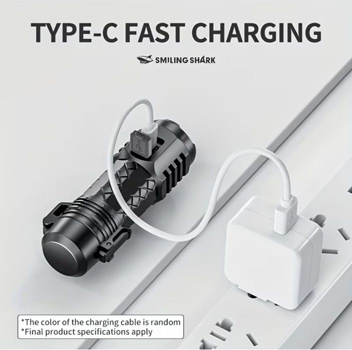 Latarka LED z zapalniczką, 5 trybów, kabel do ładowania.