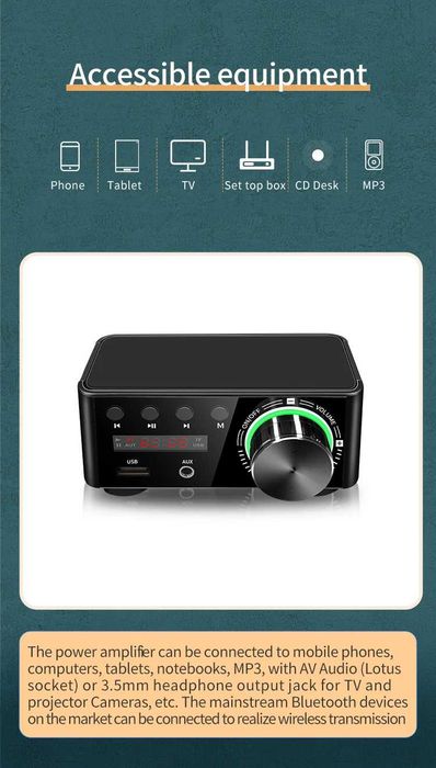 Amplificador digital bluetooth 5.0 de potência classe d 2.0 canais 50w