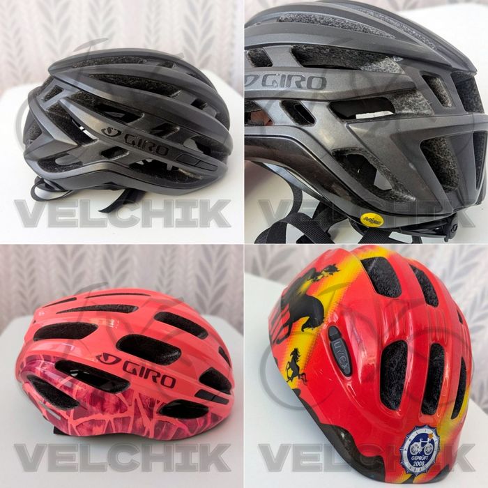 Шоломи: Дитячий велосипедний шолом UVEX 49-55 см (червоний), Велосипедний шолом GIRO 50-57 см (рожевий), Велосипедний шолом GIRO Agilis MIPS 55-59 см