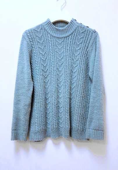 Sweter półgolf ciepły warkocze splot morski błękit 50% wełna