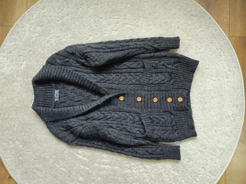 WoolOvers kardigan sweter 100% wełna pure wool warkocze guziki szary S