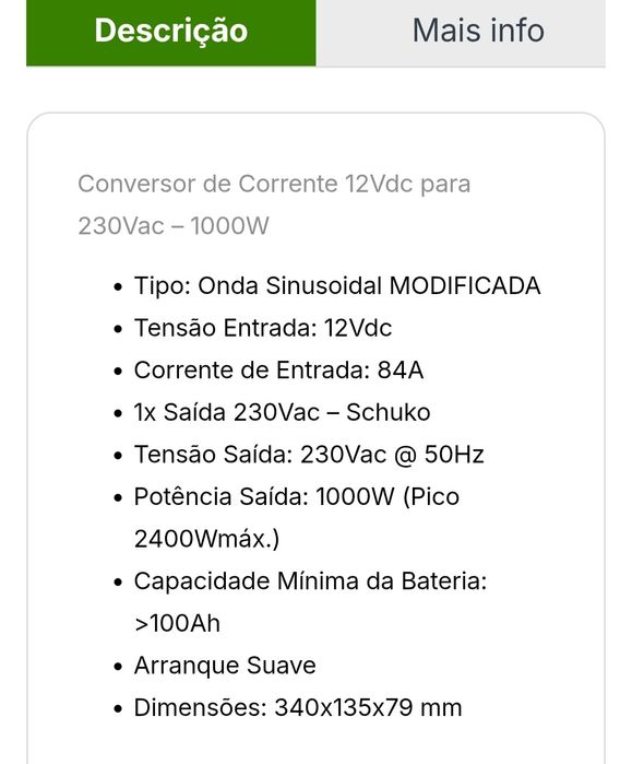 Inversor/conversor 12V/230 V - 1000W Join