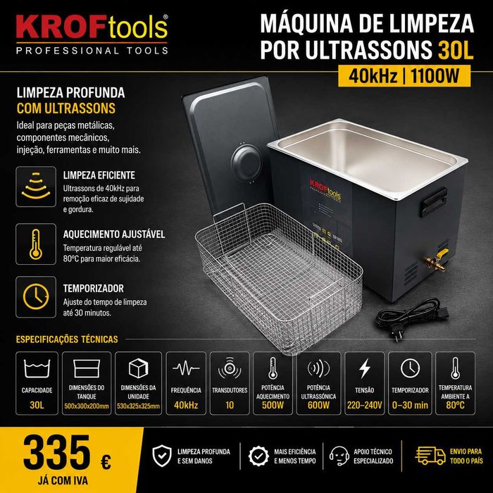 Máquina de Limpeza de Peças por Ultrassons 30L KROFTOOLS 1100W 40kHz