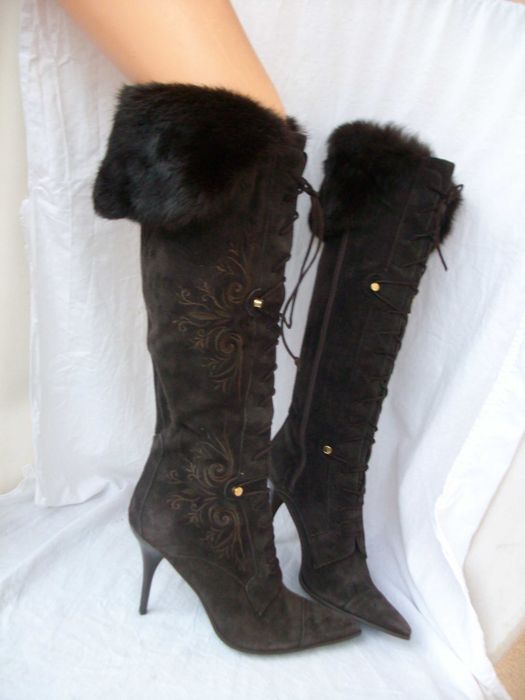 Ripa włoskie skórzane brązowe zamszowe kozaki szpilki szpic 40