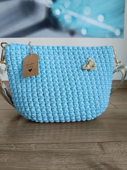 Listonoszka rękodzieło błękitna motyl nowa handmade ze sznurka torebka