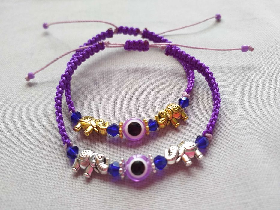 Pulseira em Macramê Olho Turco entre Elefantes Roxo