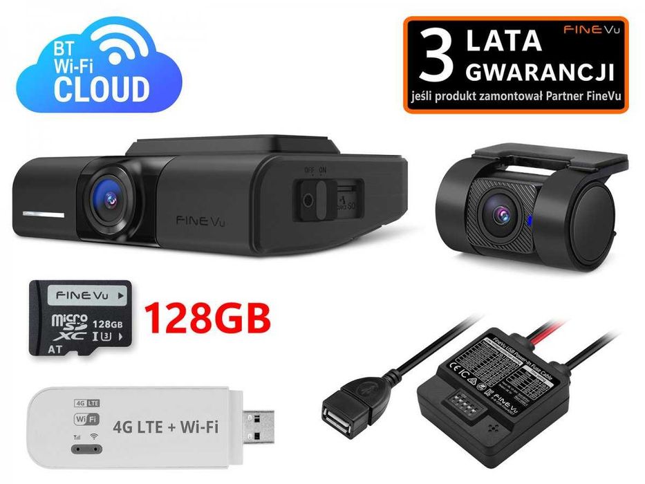 FineVu GX1100 z kartą pamięci 128 GB + zestaw LTE PRO (modem LTE i zasilacz modemu z ochroną akumulatora pojazdu)