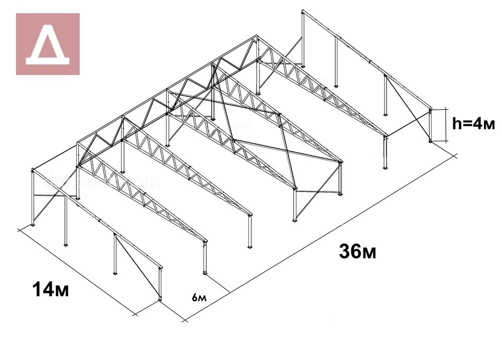 Каркас  ангару 14х36х4 односхилий, склад, навіс, дах, СТО під замов.