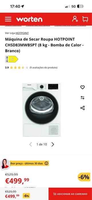 Máquina de Secar Roupa HOTPOINT CHSD83MWBSPT  8kg - Nova