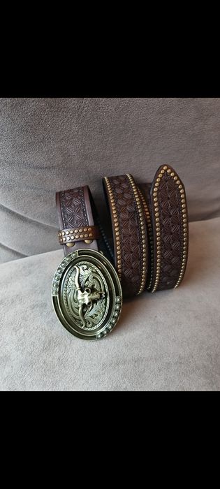 125 cm brązowy pasek z klamrą byk longhorn western  Kowbojski