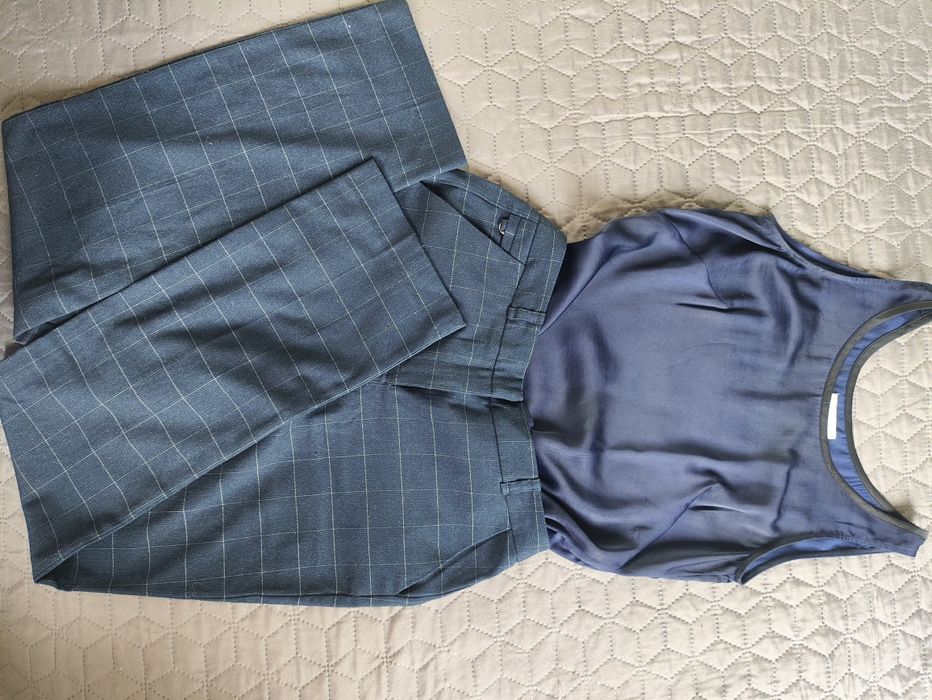 Spodnie garniturowe wide leg prosta nogawka wizytowe eleganckie bluzka