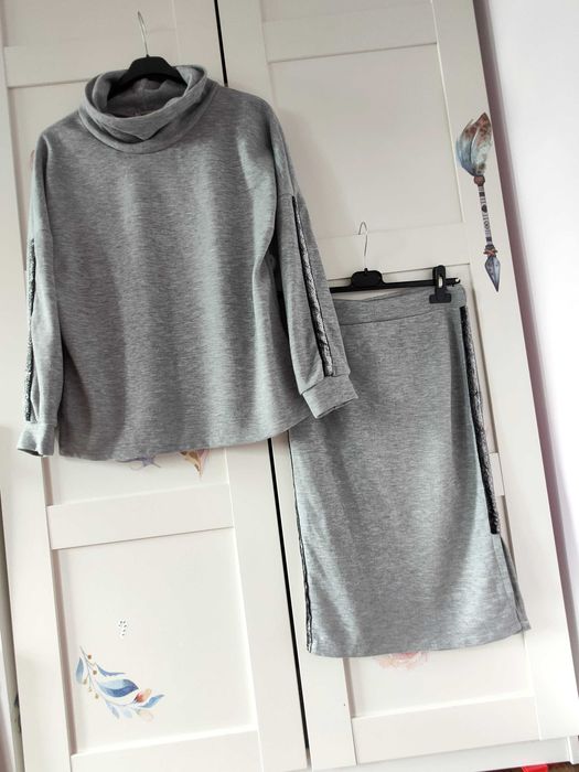 Komplet spódnica midi sweter bluza dzianina golf uni