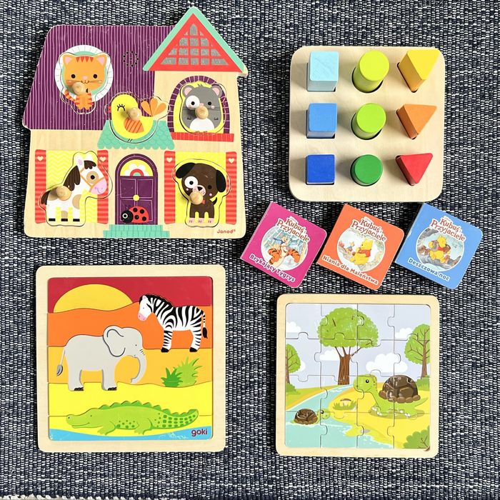 Zestaw drewnianych zabawek: puzzle Janod, ukladanka kształty i inne