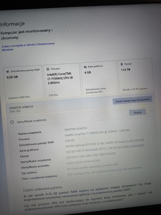 MSI GV72RD laptop gamingowy