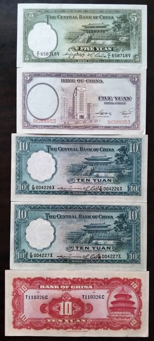 Lote 5 Notas 5 / 10 Yuan China 1936/1937/1940 Estado Novas Raras
