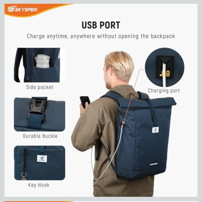 SKYSPER Rolltop plecak dla mężczyzn i kobiet, z kieszenią na laptopa
