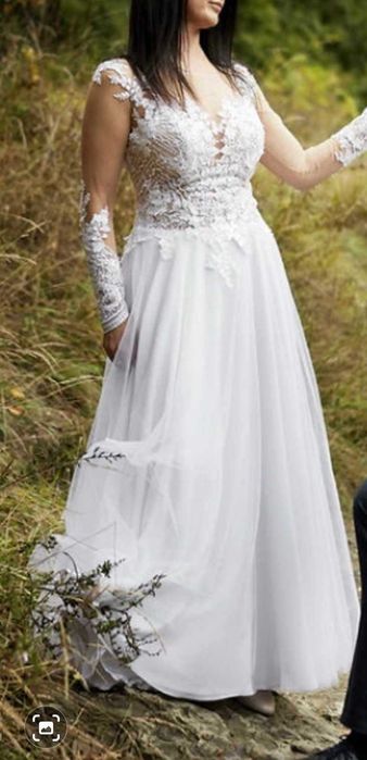 Suknia ślubna 36/S z długim rękawem plus dodatki