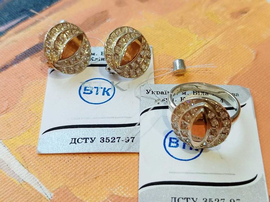 Серьги + кольцо, серебро 925 + золото 375, с золотыми пластинами