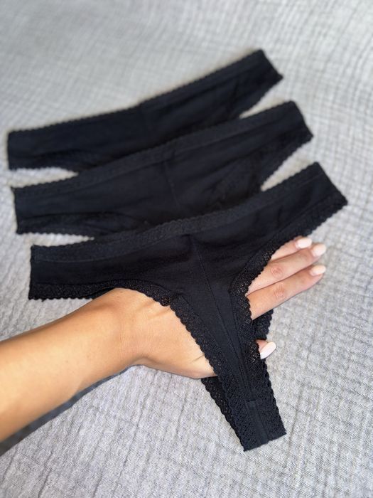 H&M 3 pary czarne stringi pół brazyliany bawełniane bawełna koronka Xs