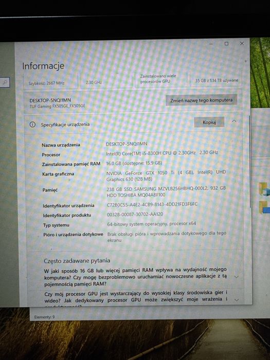 Asus tuf gaming fx505ge i5-8300h/gtx1050ti/16gb Ram/256gb ssd/1tb hdd