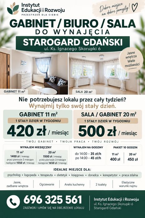 Lokal, gabinet, biuro lub sala na wynajem od 420 zł – Starogard Gd.