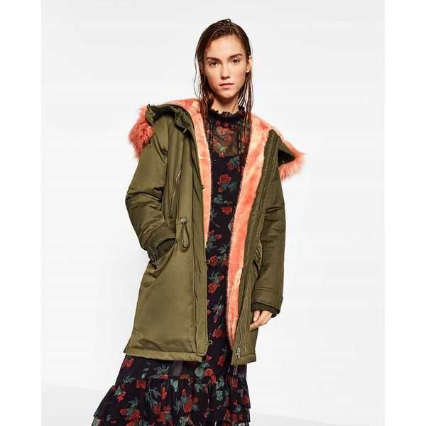 ZARA Luksusowa KURTKA parka kołnierz futerkowy khaki S