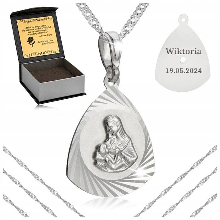 Srebrny Damski Łańcuszek Komunijny + Medalik Matka Boska Karmiąca + Gr