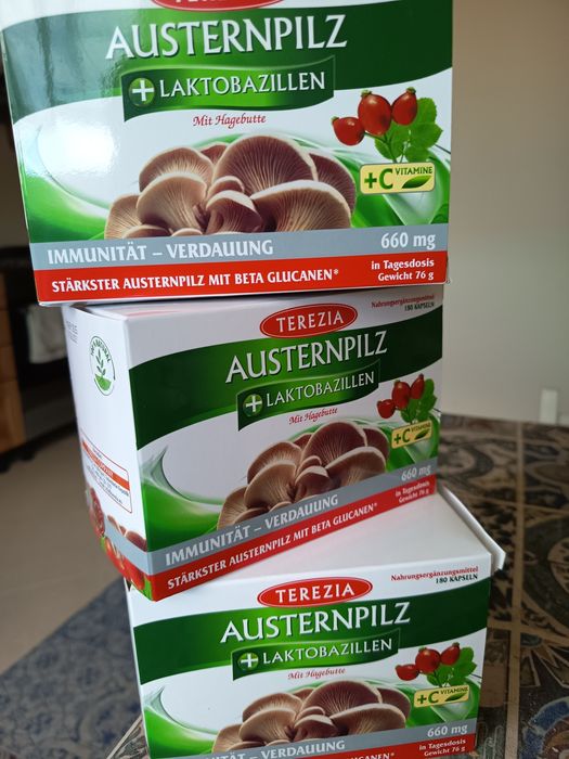 suplemento alimentar da marca Terezia contém cogumelo ostra (1 Ano e meio de Toma)