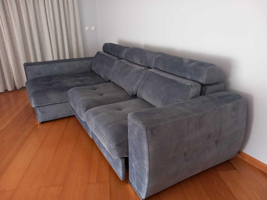 Sofá-Cama de 3 Lugares com Chaise Longue – Azul – Como Novo