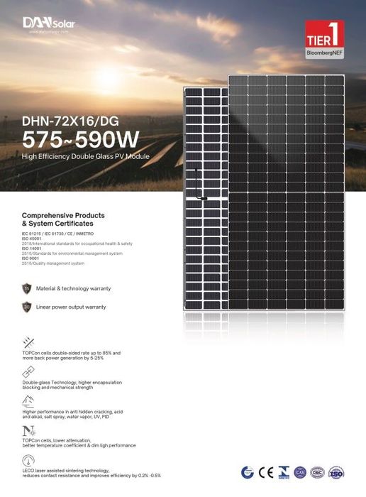 В НАЯВНОСТІ - DAH SOLAR 590W N/ DHN-72x16/DG BF Сонячні панелі