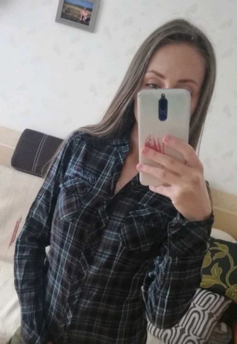 Koszula damska bluzka w kratkę brąz z błękitem ze srebrną nitką