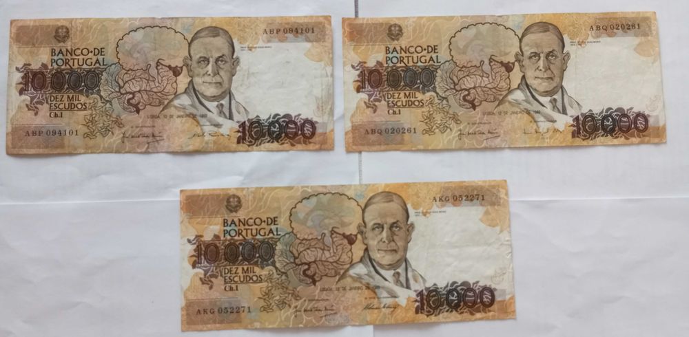 Notas de 10 000 escudos de Egas Moniz - 90 euros cada lote de 2.
