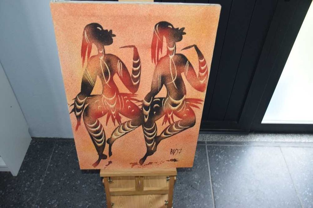 Quadro africano (Angola) pintado a tinta de areia – Par de dançarinas - 1997