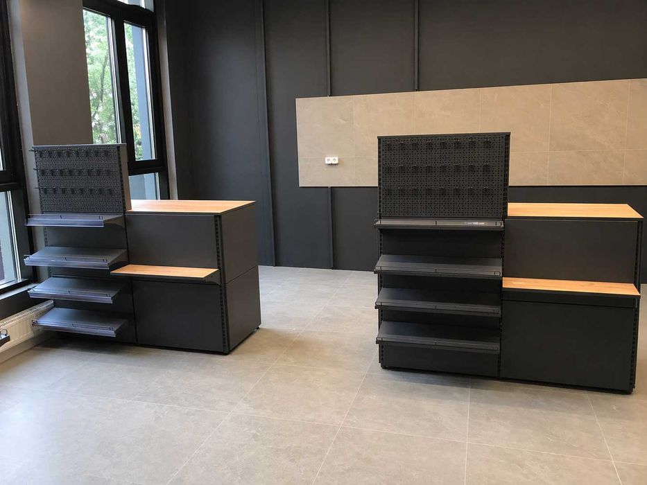 Касові прилавки в магазин модульні. Касові бокси. Вітрини для випічки. Кавомодулі. Торгові стелажі. Торгове обладнання