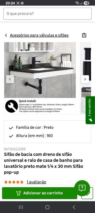 Sifão para lavatório preto.