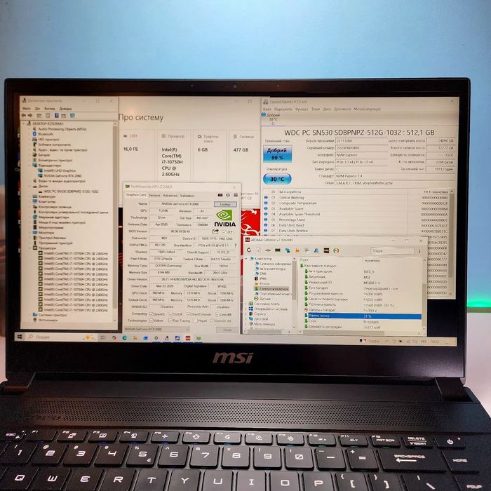 Ігровий ноутбук  MSI GS66 Stealth / i7-10750H / RTX 2060 6GB / 16GB RAM / 512 SSD / Метал