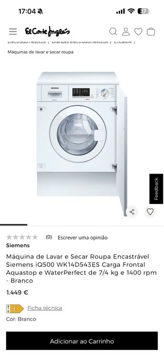 Máquina de Lavar e Secar Roupa Encastre Siemens iQ500  , 7/4kg 1400rpm