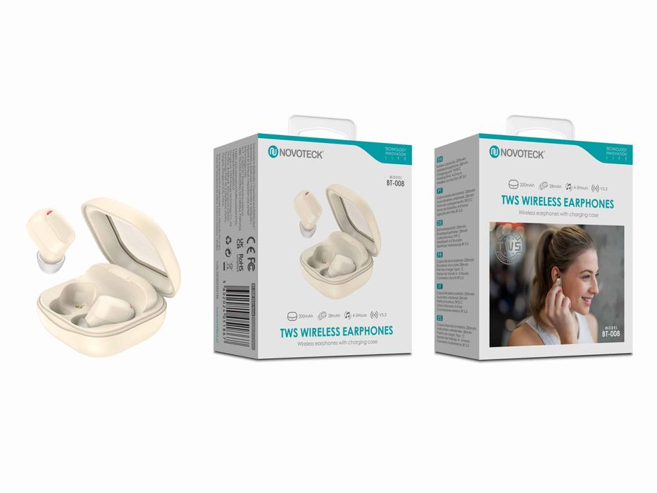 Auriculares Bluetooth TWS Beje BT-008 Estojo de Carregamento, Design C