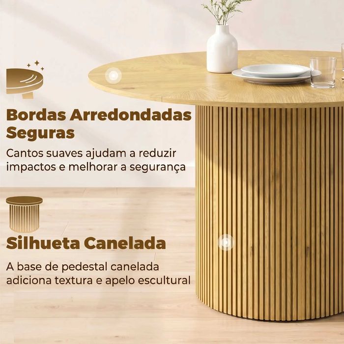 Mesa de Jantar Redonda Moderna para 4-6 Pessoas, Mesa de Cozinha de 110 cm com Base Cilíndrica Canelada, Carvalho