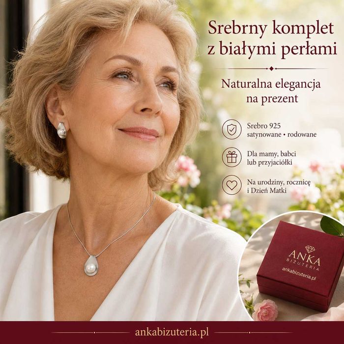 Piękny oryginalny komplet biżuterii srebrnej z perełkami