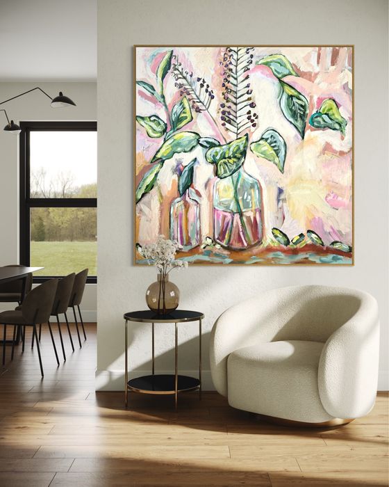Obraz abstrakcyjny malowany ręcznie na płótnie 100x100 cm, kwiaty