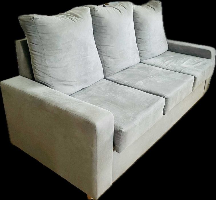 Sofá- cama, 3 lugares, tecido cinzento claro