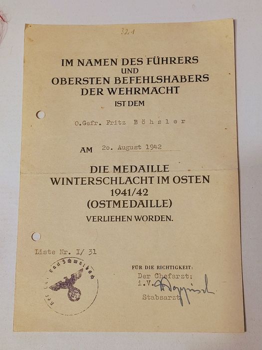 Militaria de Trincheira Wehrmacht Medalha da Frente Oriental 1941/42