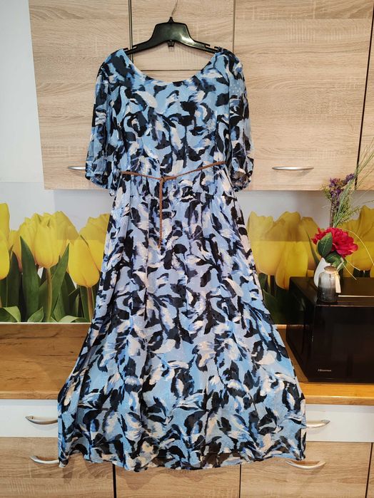 Niebieska koktajlowa dłuższa sukienka Kaffe rozmiar 50 poliester