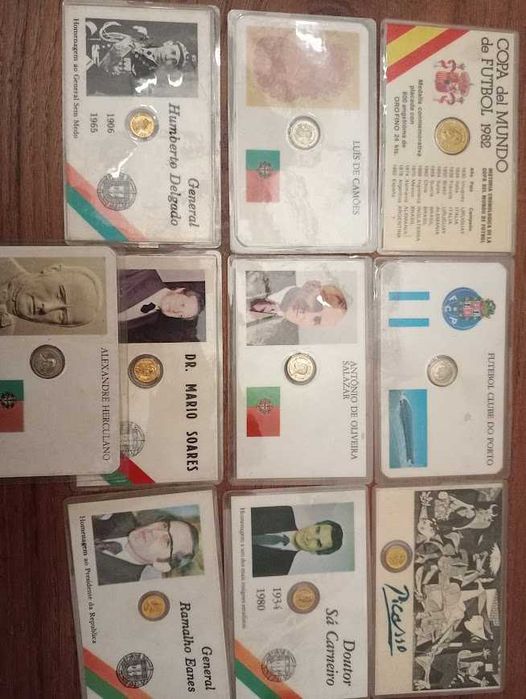 conjunto de 10 pequenas medalhas- copa mundo 82, f.c.porto, picasso, camões, salazar, sá carneiro, delgado, soares, eanes, herculano