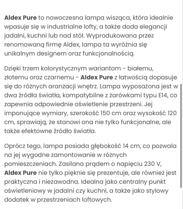 Aldex Pure nowoczesna lampa wisząca złota nad stół